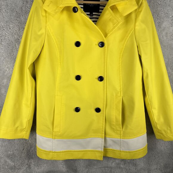 Talbots Women's Double Breasted Rain Jacket Yellow Lined Removable Hood Petite L - Picture 2 of 7